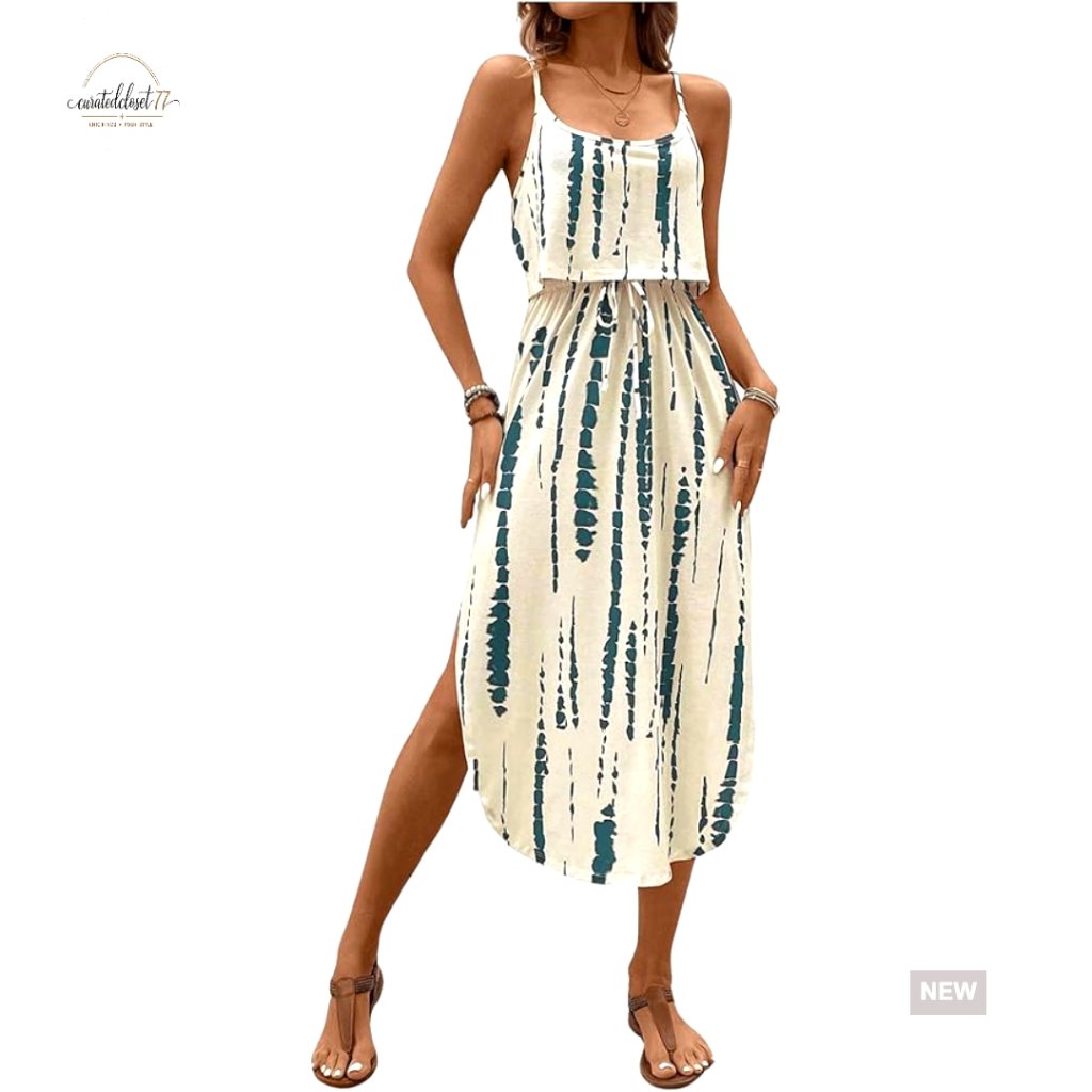 Spaghetti Strap Midi Dress With High Waist And Thigh Split